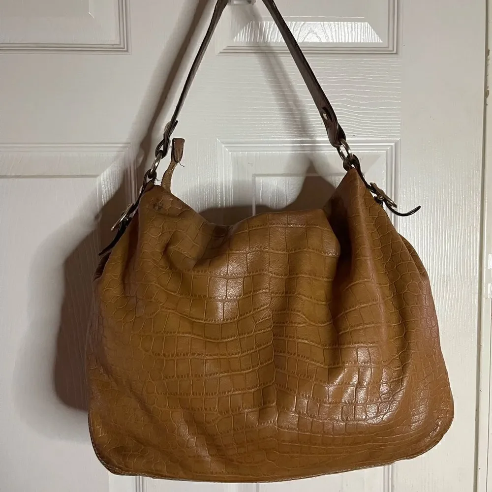 Michael Kors Tan leather crocs embossed shoulder bag with gold tone hard…